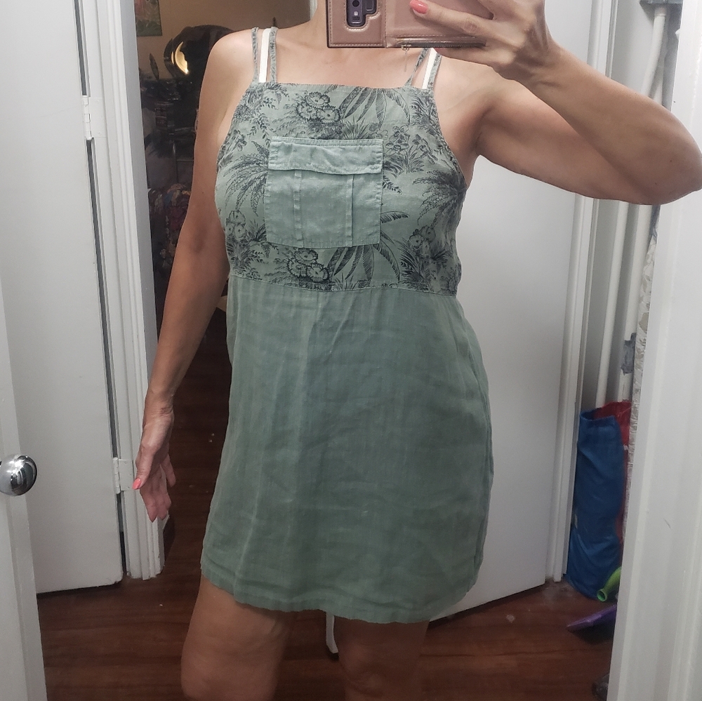 Vtg sage green linen mini dress bib overalls dress bib pocket Hawaiian Print L